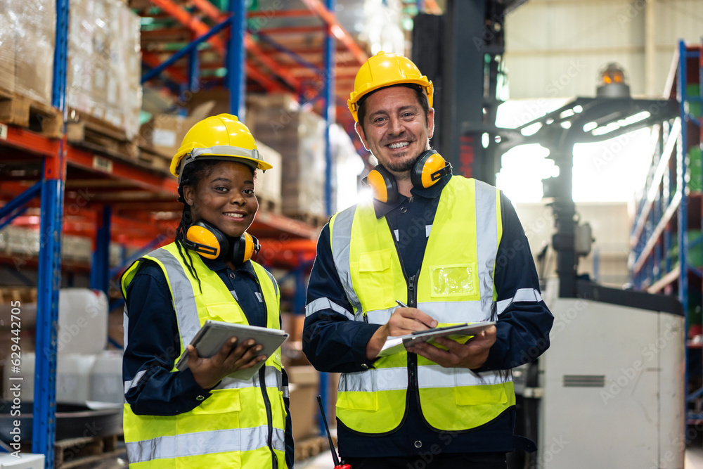 Portrait of industrial worker team work in manufacturing plant together. 