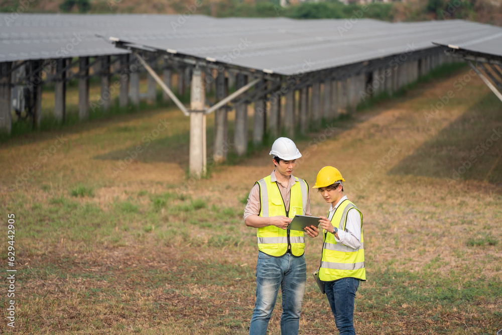 Professional engineer work to maintenance of photovoltaic panel system. 