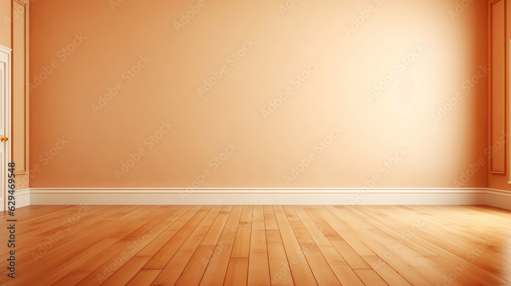 Beige wall empty apartment room with wooden floor. Copy space for product placement. Generative AI