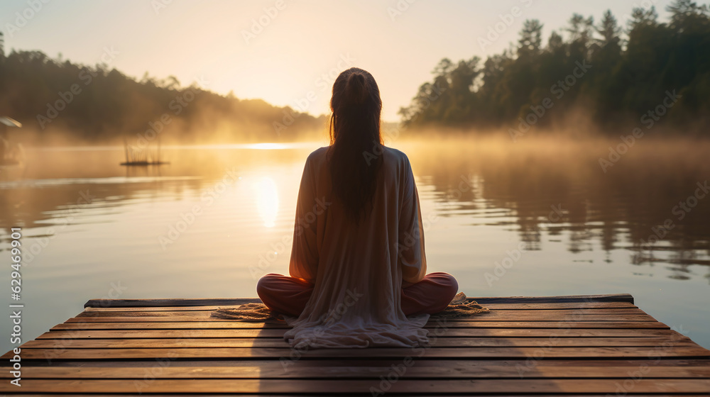 Young girl practice yoga on wooden pier with a view on lake and beautiful landscape. Generative AI