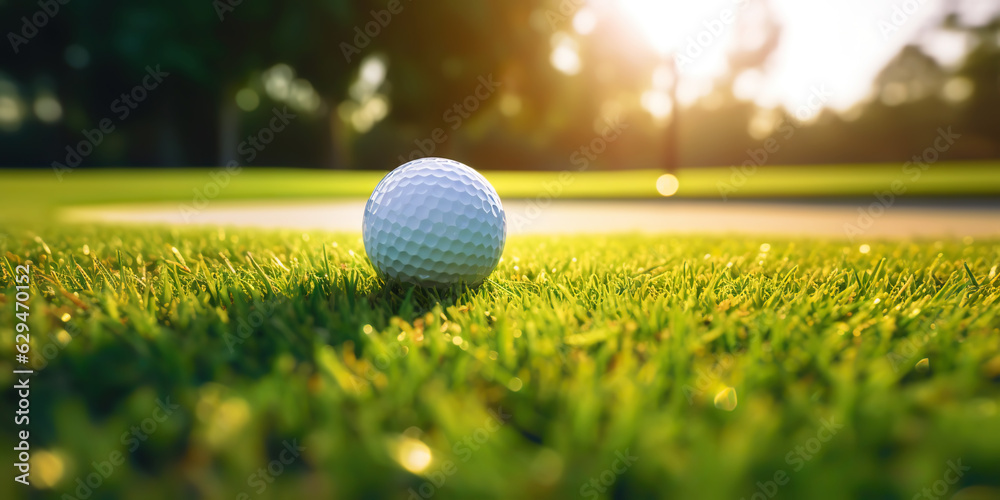 Close-up of golf ball on green grass of golf course, sunny day, blurred backdrop. Generative AI