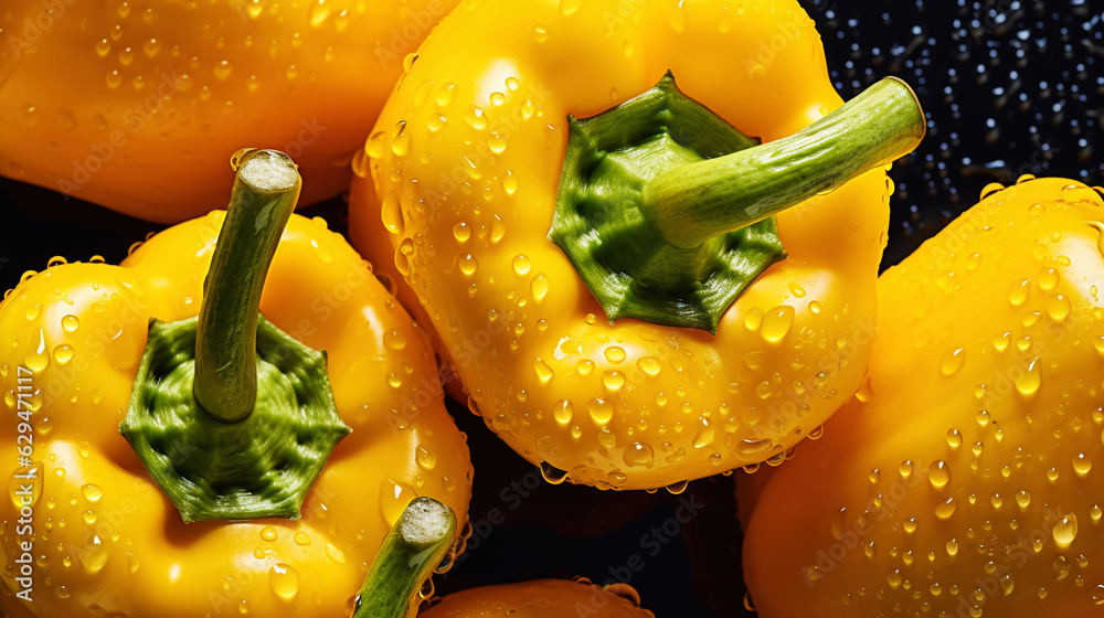 Fresh yellow bell peppers with water drops background. Vegetables backdrop. Generative AI