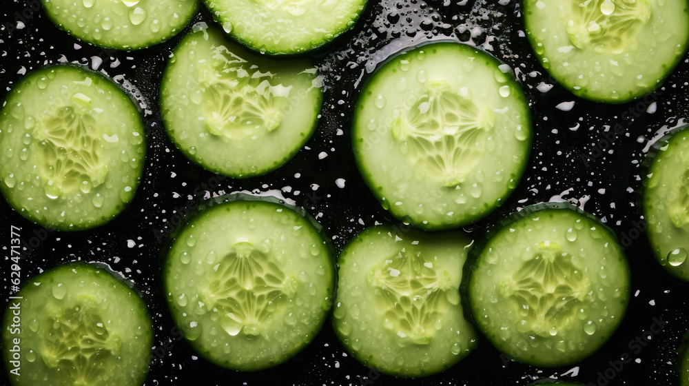 Fresh green cucumber slices with water drops background. Vegetables backdrop. Generative AI