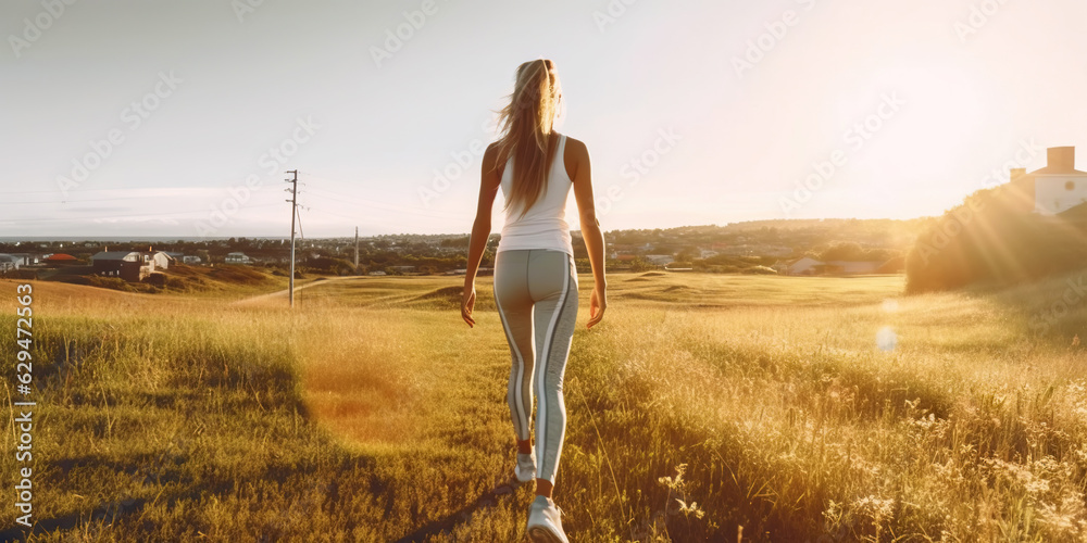 Woman running on grass field. Female jogging workout concept. Generative AI