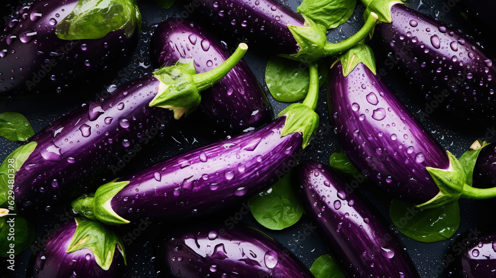 Heap of fresh eggplants with water drops background. Vegetables backdrop. Generative AI