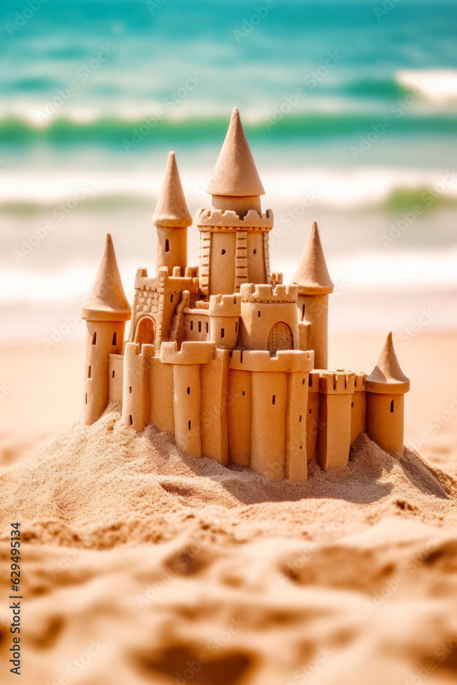 Sand castle sitting on top of sandy beach next to the ocean.