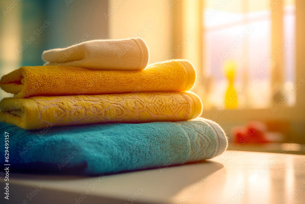 Stack of folded towels sitting on top of white counter next to window.