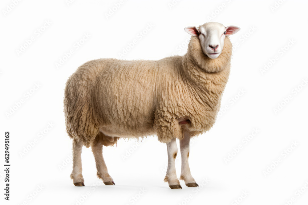 Sheep standing in front of white background with sad look on its face.