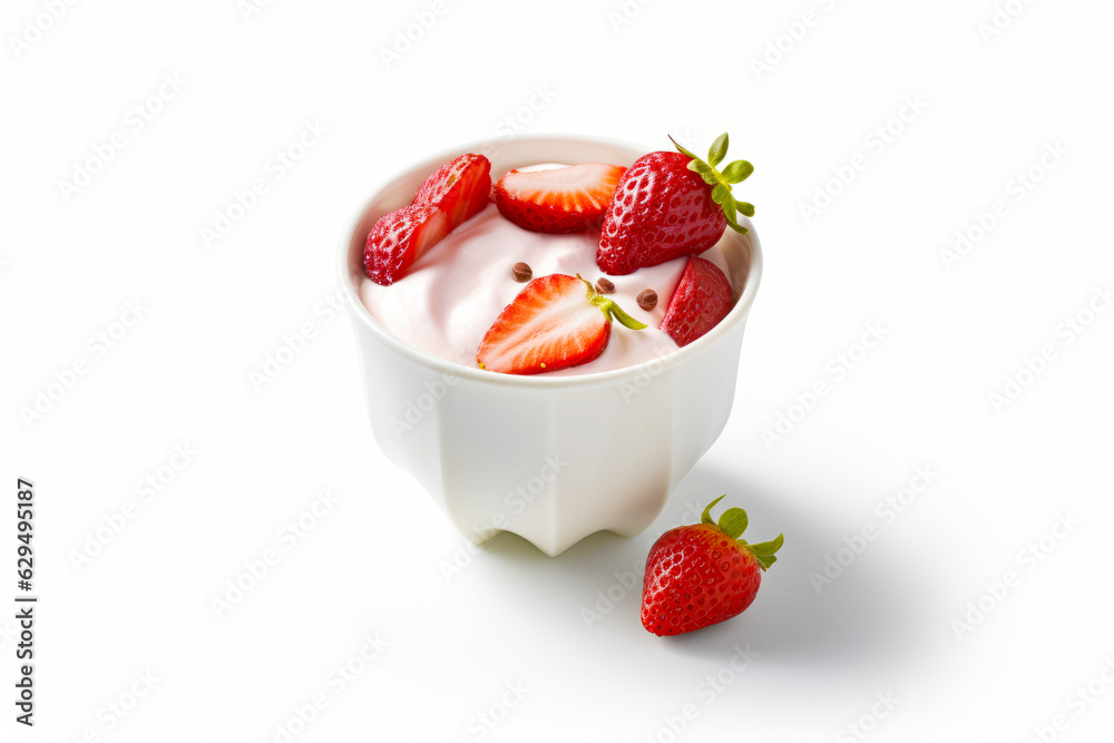 Bowl of yogurt with strawberries on top of it on white surface.