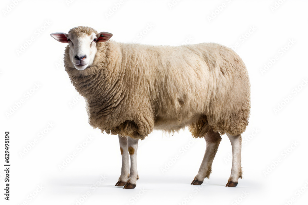 Sheep standing on white background with sad look on its face.