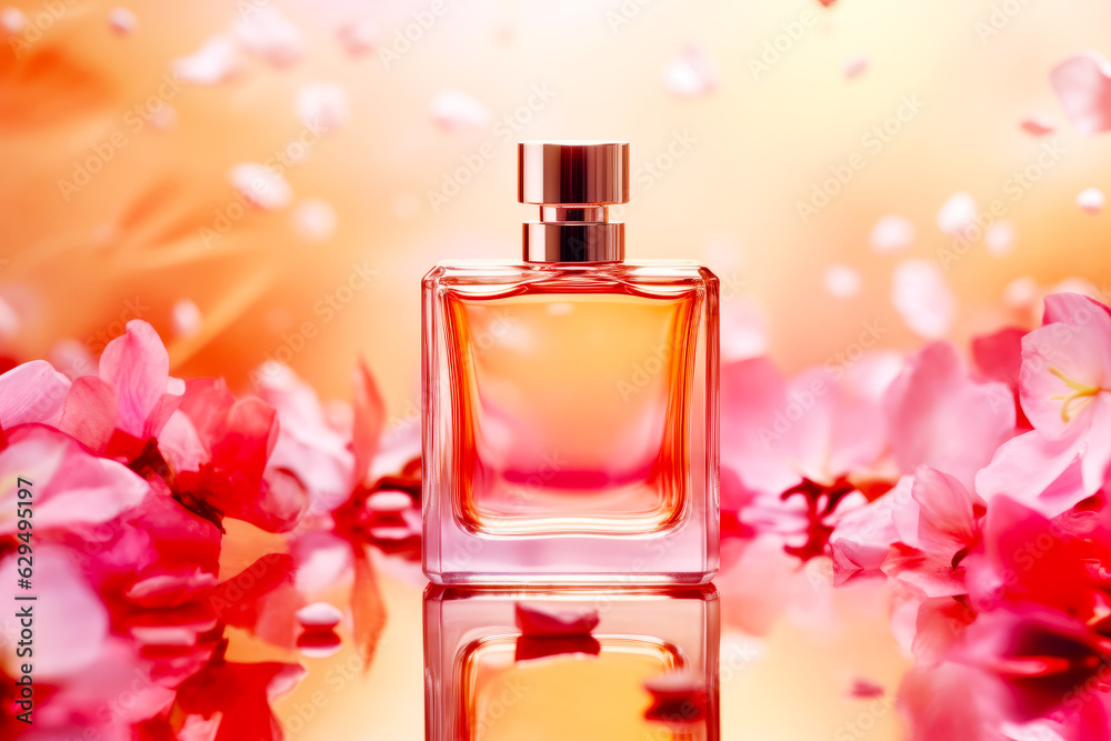 Bottle of perfume sitting on top of table next to pink flowers.