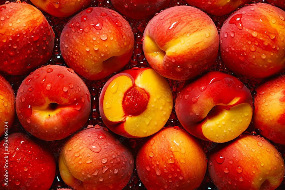 Pile of red and yellow peaches with water droplets on them and one of the peaches has bite taken out