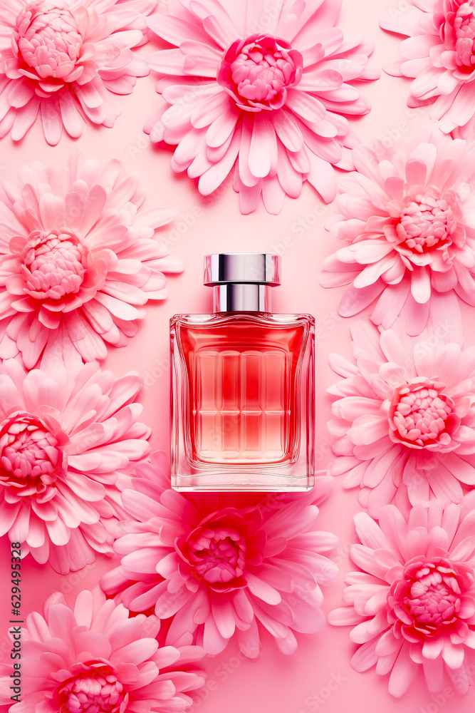 Bottle of perfume sitting on top of pink flower covered wallpaper.