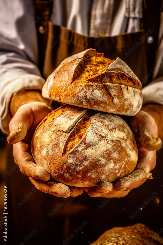 Person holding two loaves of bread in their hands and loaf of bread in the other hand.