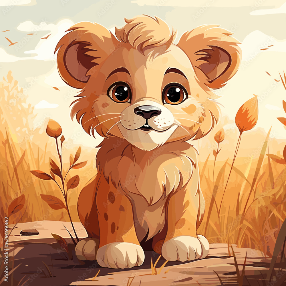 Cartoon lion cub sitting on log in field of tall grass.