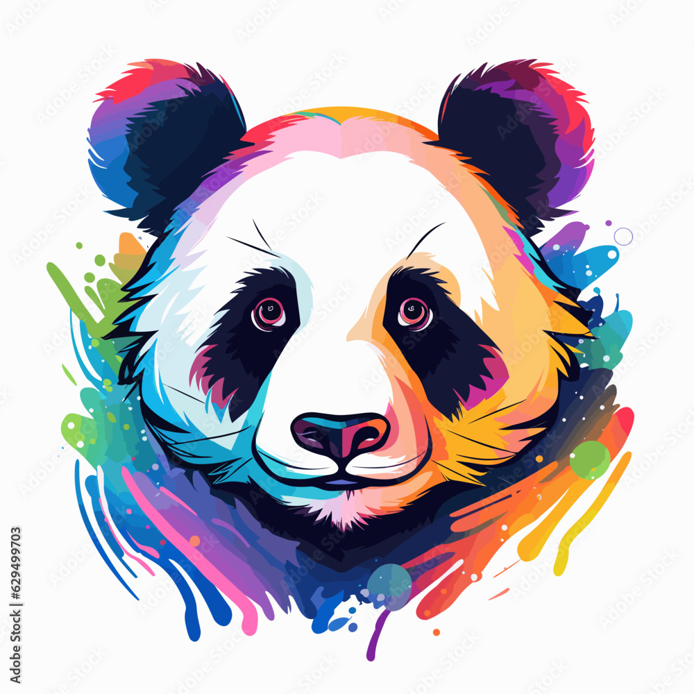 Colorful panda bears face on white background with paint splatters.