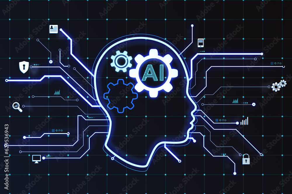 Glowing head outline on blurry dark grid background. AI and chart GPT concept. 3D Rendering.