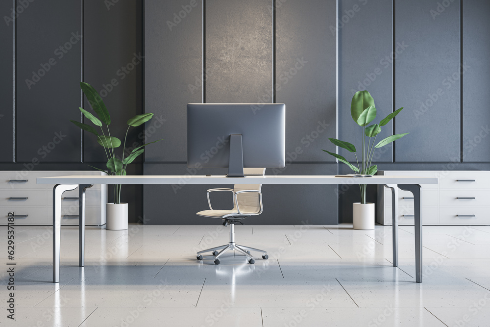 Modern concrete office interior with furniture, equipment and daylight. 3D Rendering.