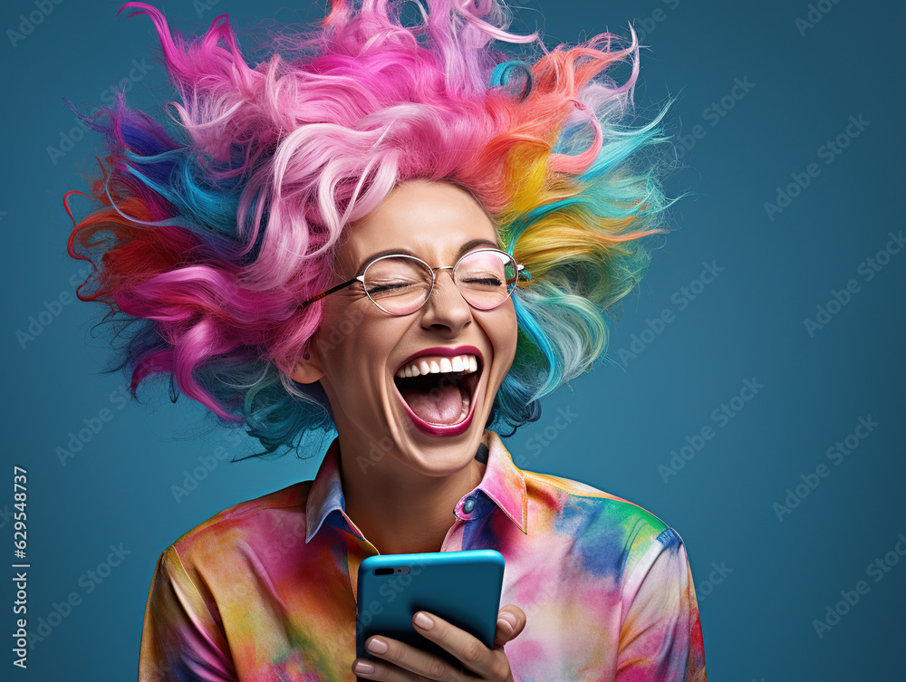 Happy young woman with colored hair and a smartphone in her hands laughs and screams with joy. Gener