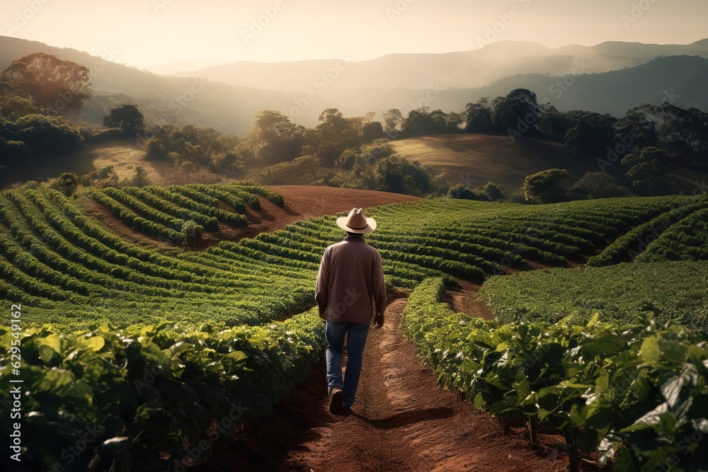 man with hat walking through a coffee field at sunrise