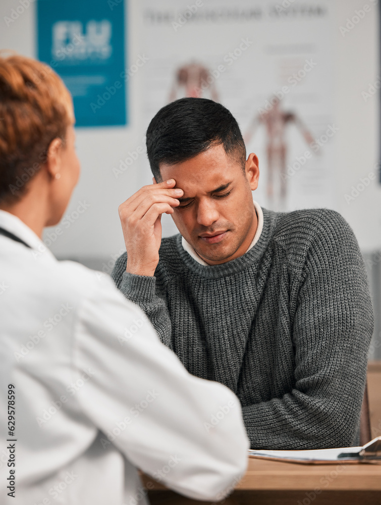 Stress, headache and doctor with patient in consultation, exam or test in hospital clinic with head 