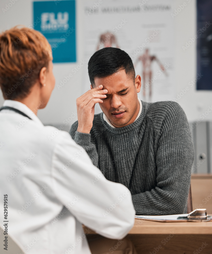 Pain, headache and doctor with patient in consultation, exam or test in hospital clinic with stress.