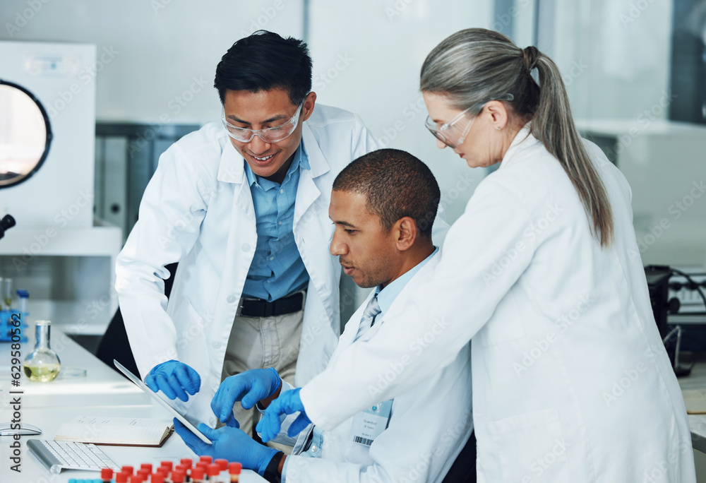 People, tablet and collaboration in science laboratory for medical research, medicine and teamwork d