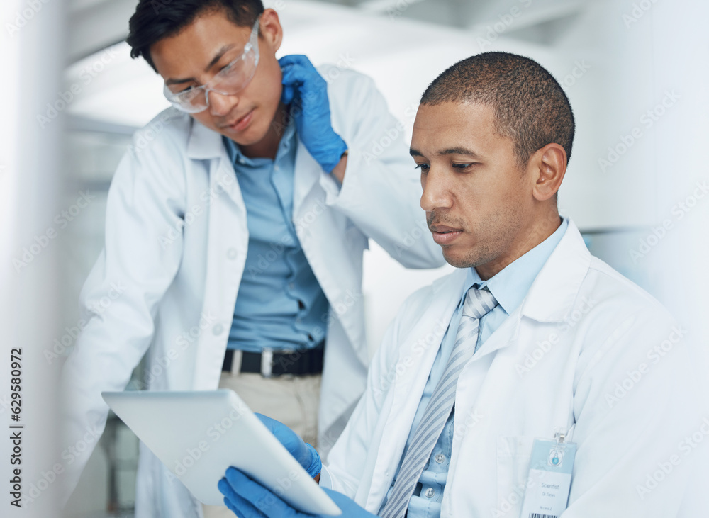 Men, tablet and collaboration in science laboratory for medical research, medicine and teamwork deve