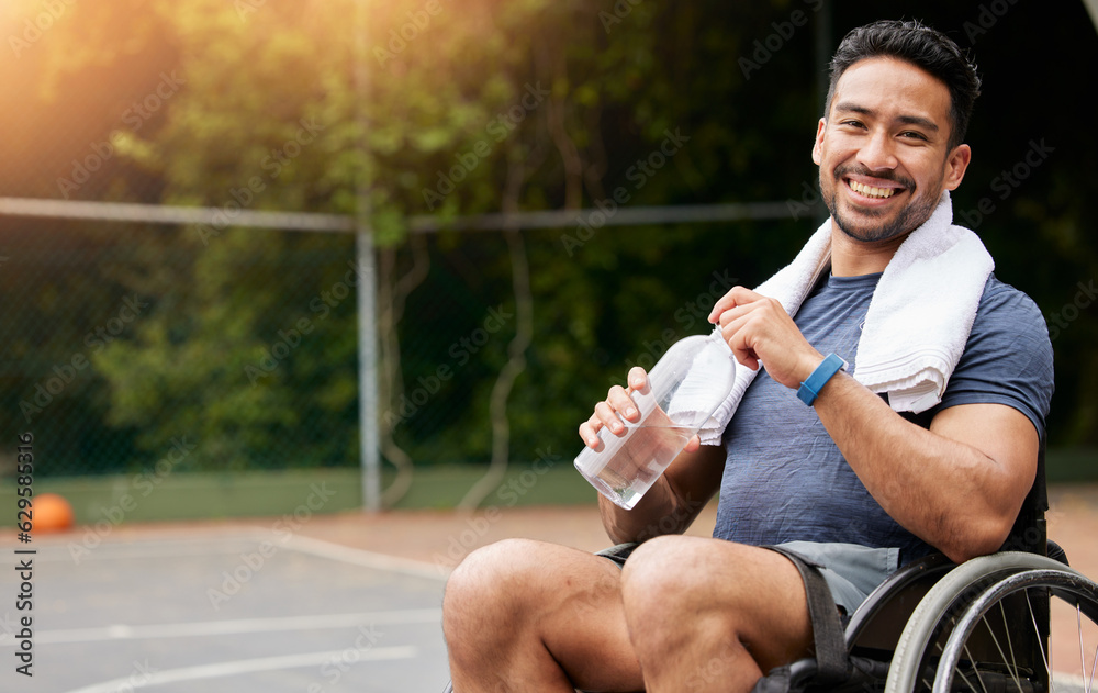 Basketball player, portrait and athlete in wheelchair drinking water for sports break, rest and fitn