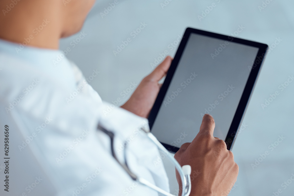 Person hands, doctor and tablet screen for hospital schedule, surgery planning or healthcare mockup.