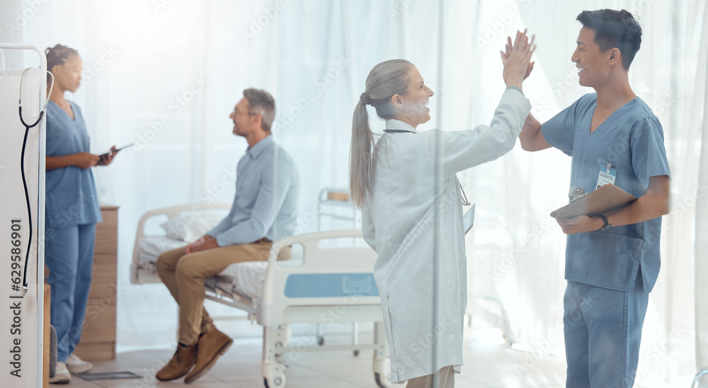 Doctors, nurses or high five in hospital for patient treatment success, surgery achievement or healt