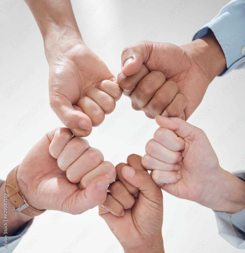 Fist bump, teamwork or doctors with solidarity in collaboration for healthcare goals together. Clini