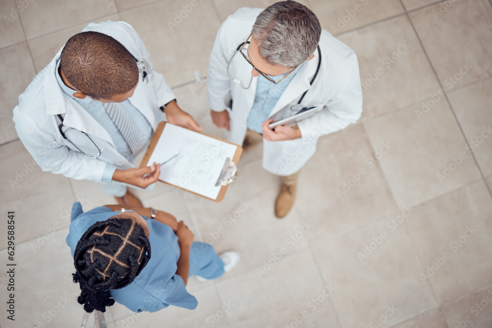 Doctors, nurse and checklist in hospital from above, meeting and planning surgery or team schedule. 