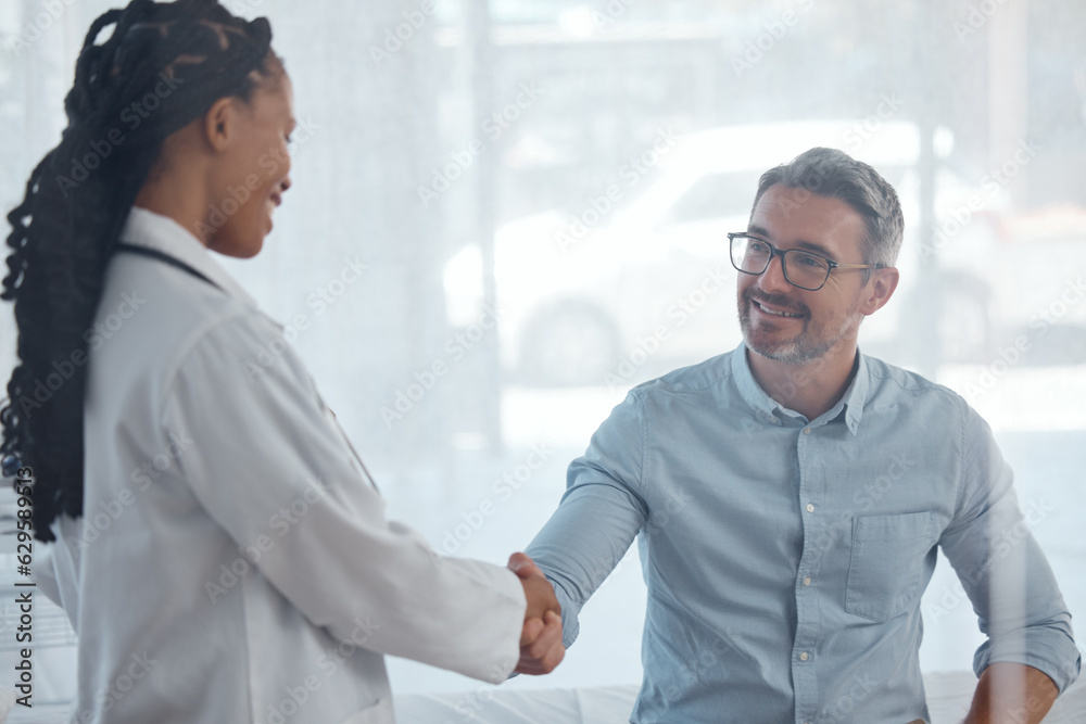 Doctor consultation, patient and happy people handshake, wellness and hospital greeting, healthcare 