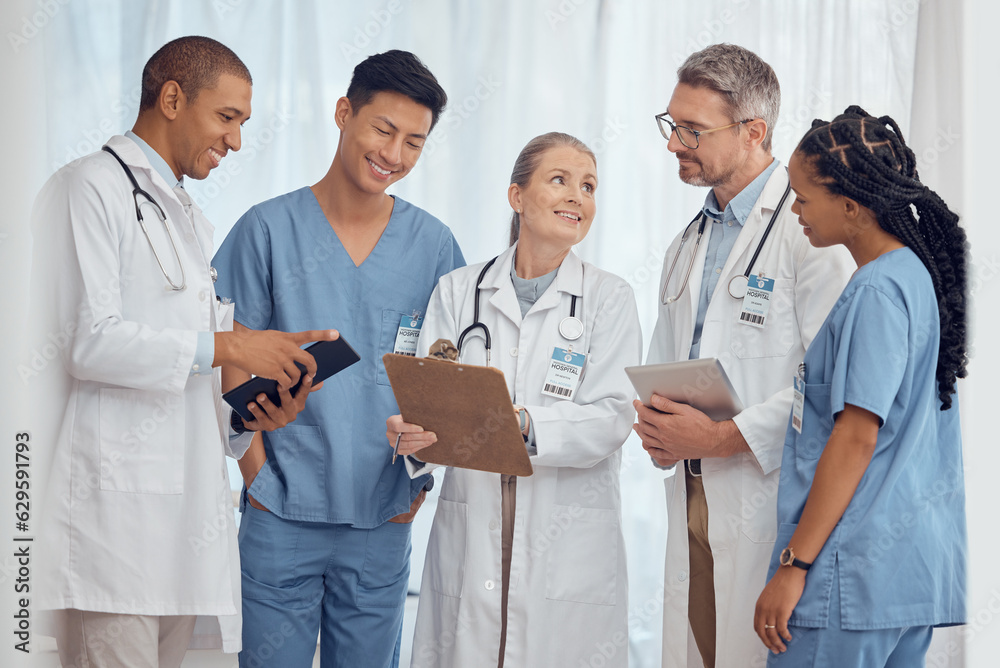 Group of happy doctors, nurses and checklist in hospital, meeting and planning surgery or team sched