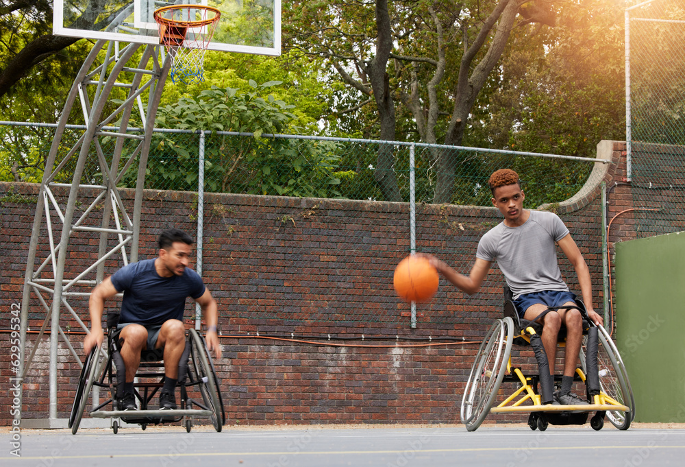 Sports, basketball court and men in wheelchair for training, exercise and workout on outdoor park. F