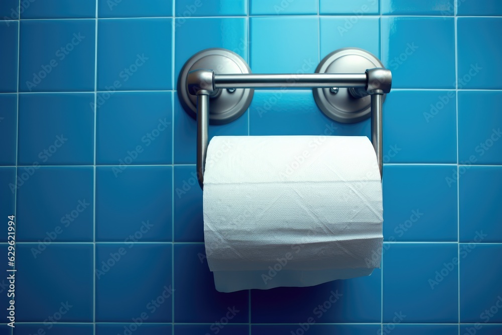 A white roll of soft toilet paper neatly hanging on a modern chrome holder.