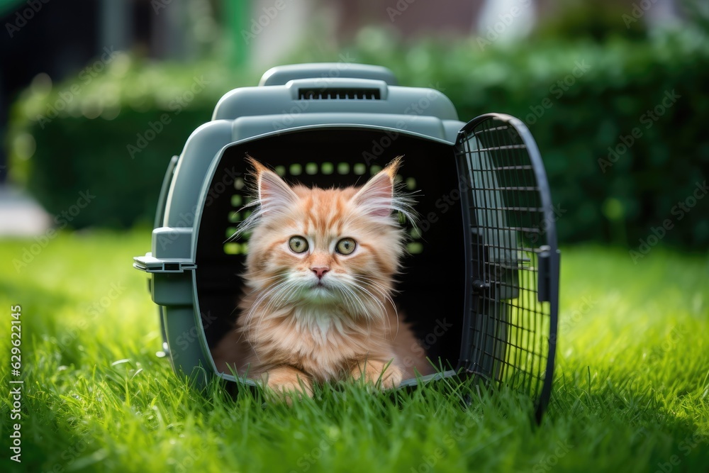 Cat sitting in carrier on grass.