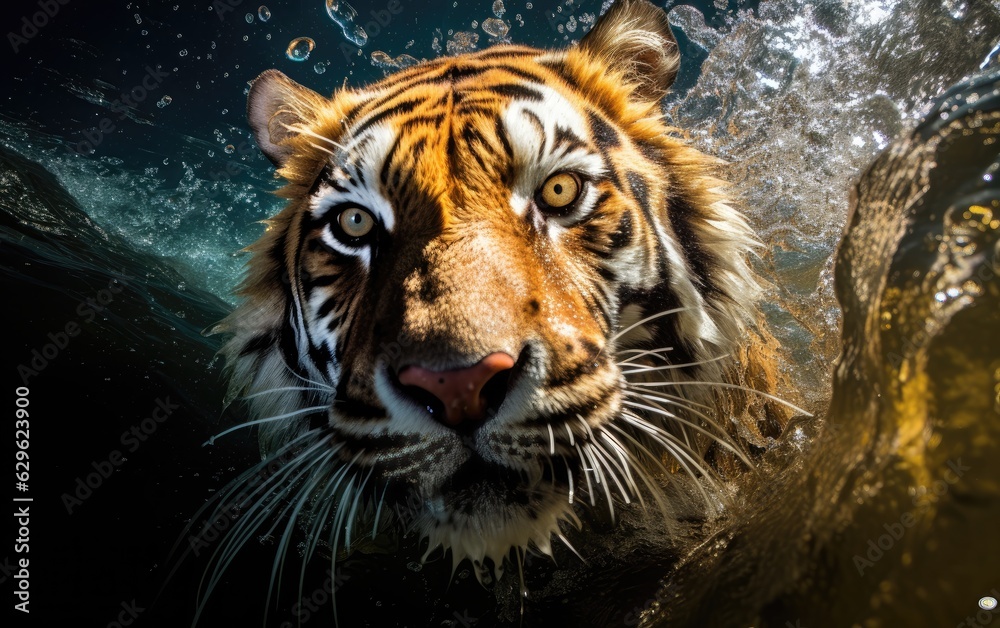 under water nature photography of a exotic tiger swimming underwater