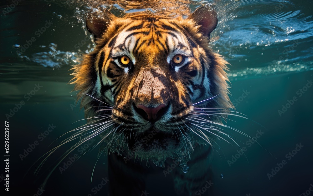 under water nature photography of a exotic tiger swimming underwater