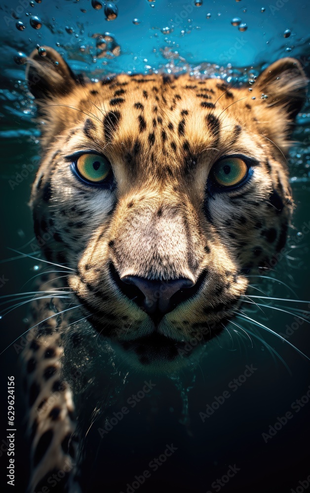 under water nature photography of a exotic cheetah swimming underwater