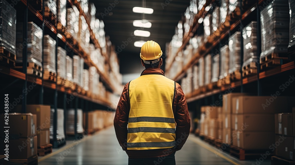 Fulfillment logistics background. Retail warehouse, worker in vest and helmet. Generative ai