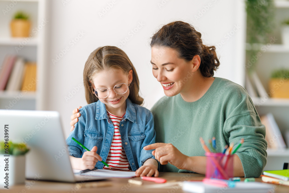 Girl doing homework or online education.