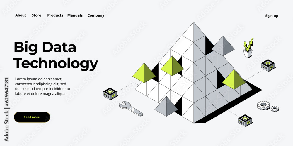 Big data technology in isometric vector illustration. Information storage and analysis system. Digit