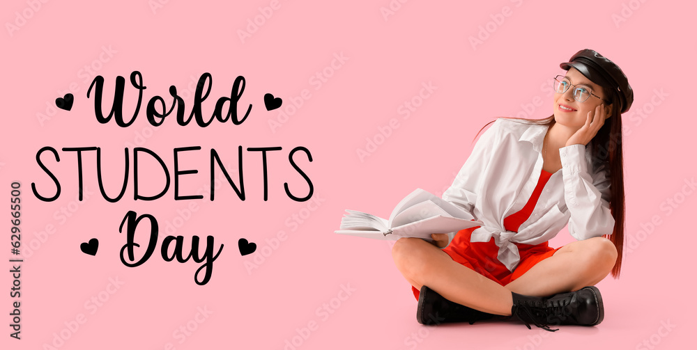 Greeting card for World Students Day with woman holding book