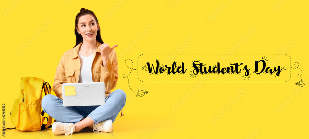 Greeting card for World Students Day with woman holding laptop