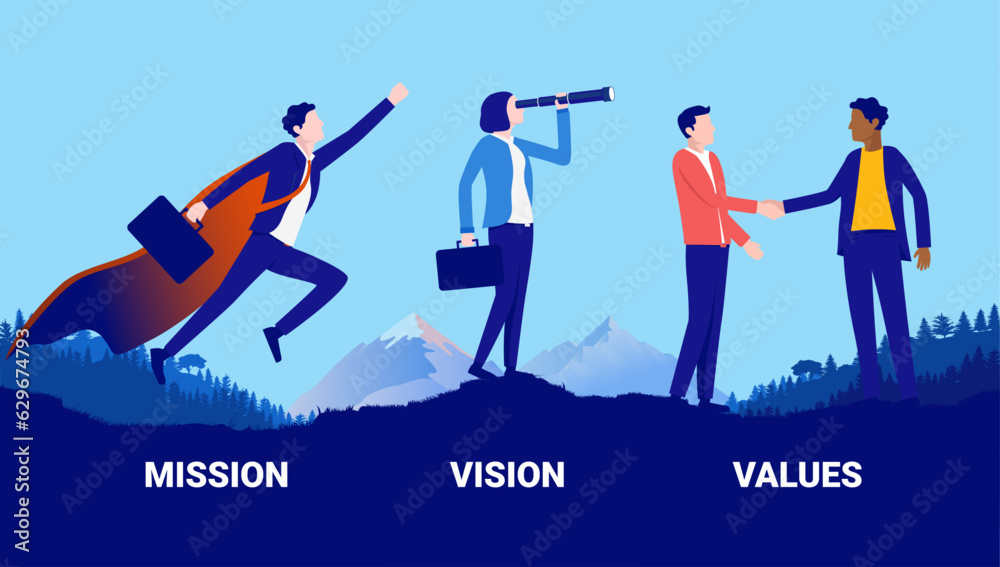 Mission vision values business concept - Vector illustration of businesspeople in landscape symbolis