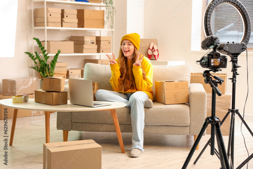 Young woman selling shoes online at home