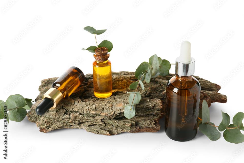 Bottles with cosmetic oil, eucalyptus branch and tree bark on white background