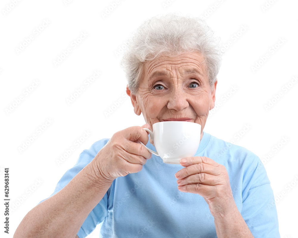 Senior woman drinking coffee on white background, closeup